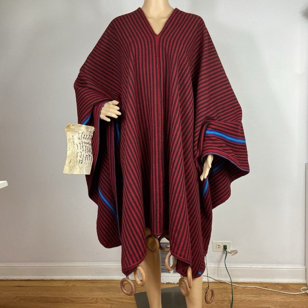 Vtg Handmade Bolivian Wool Poncho Blanket Weight Wood Rings Red Black Striped